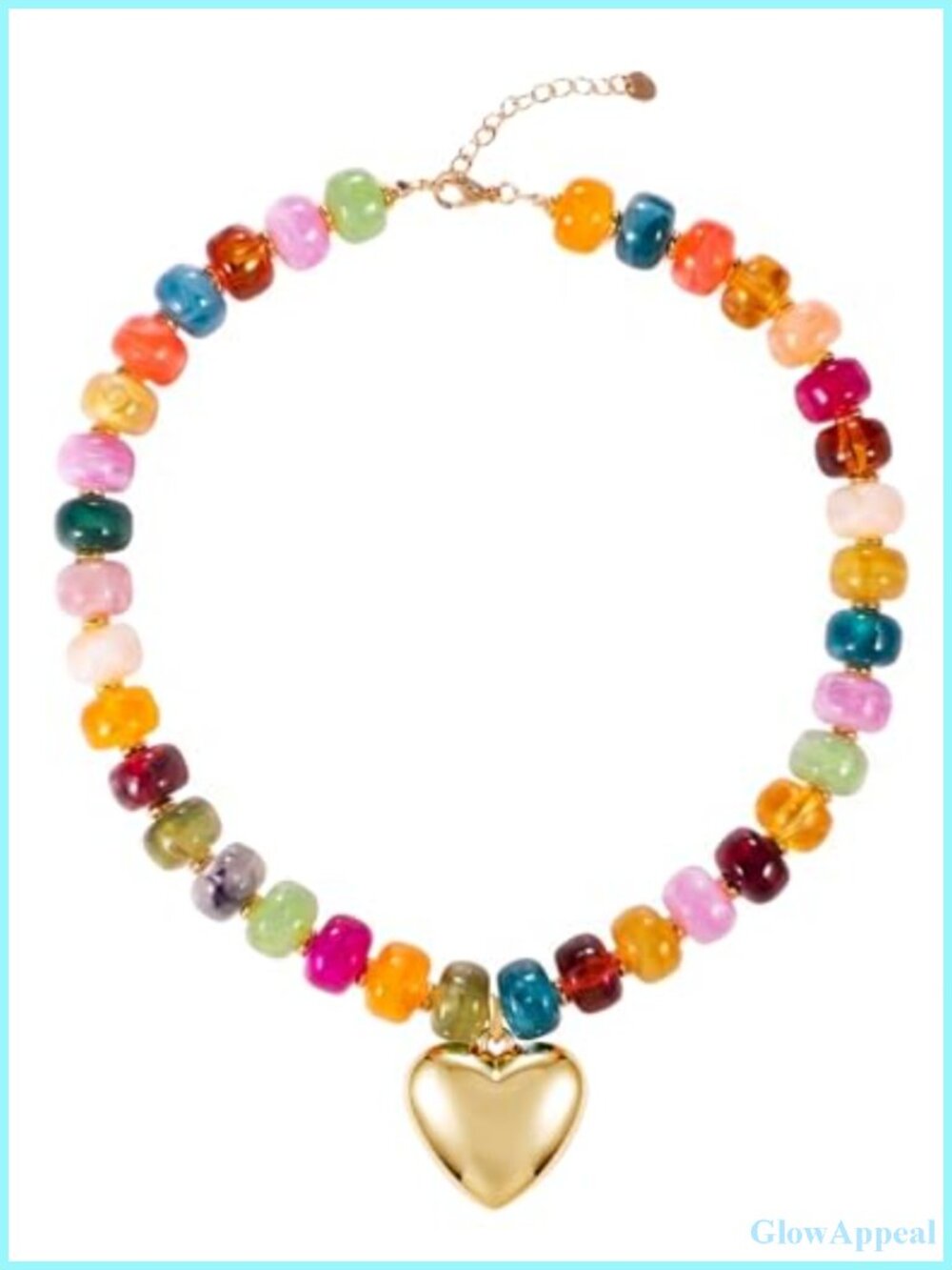 Resin Chunky Beaded Choker with Heart Pendant Adjustable Boho Statement Necklace